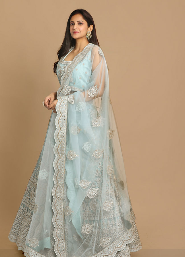 alt message - Mohey Women Graceful Light Blue Lehenga image number 2